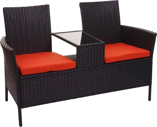 Poly-Rattan Sitzbank mit Tisch HWC-E24, Gartenbank Sitzgruppe Gartensofa, 132cm ~ schwarz, Kissen terracotta