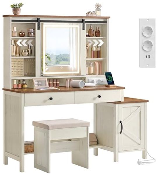 VASAGLE 'Liry Kollektion' Schminktisch mit Spiegel, Beleuchtung & Hocker, vintageweiß-honigbraun, 40 x 125 x 147 cm
