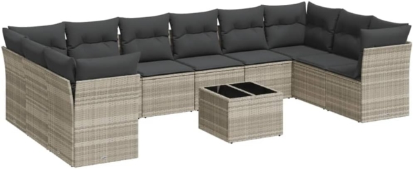 vidaXL 11-tlg. Garten-Sofagarnitur mit Kissen Hellgrau Poly Rattan 3250051