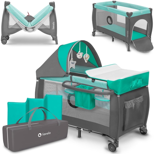 Lionelo Sven Plus 2 in 1 Baby Bett Laufstall Baby ab Geburt bis 15 kg Wickelauflage Moskitonetz luftige Seitenwände mit Seiteneingang Tragetasche zusammenklappbar (Türkis-Grau)