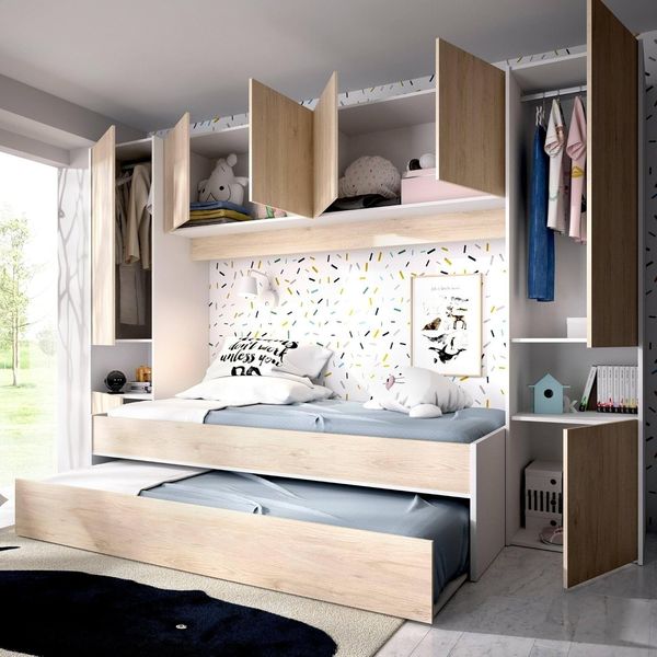 Dmora - Kinderbett Venturosa, Komplettes Schlafzimmer mit Bridge-Kleiderschrank und Kommode, Komposition mit Bett und Einzelausziehbett, 303 x 97 x 203 cm, Eiche und Weiß