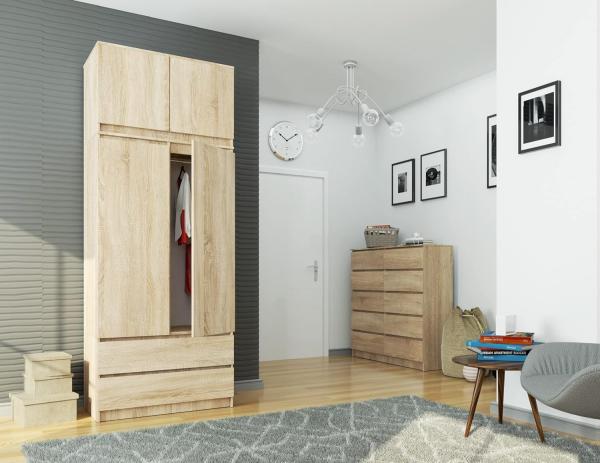 BDW Kleiderschrank 4 Türen, 4 Einlegeböden, Kleiderbügel, 2 Schubladen Kleiderschrank für das Schlafzimmer Wohnzimmer Diele 234 x 90 x 51 cm (Eiche Sonoma) Bild 2