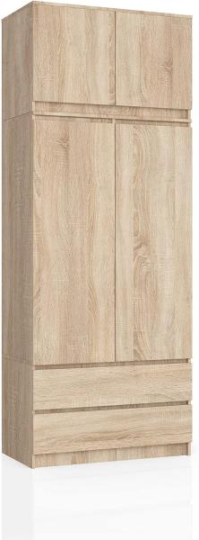 BDW Kleiderschrank 4 Türen, 4 Einlegeböden, Kleiderbügel, 2 Schubladen Kleiderschrank für das Schlafzimmer Wohnzimmer Diele 234 x 90 x 51 cm (Eiche Sonoma) Bild 4
