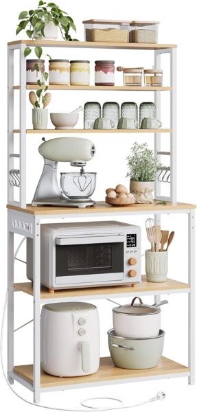 Vasagle Küchenregal mit Ablagen, Steckdosen, 6 Haken und Metallrahmen, Goldeichenfarben-Wolkenweiß, 80 x 40 x 167 cm