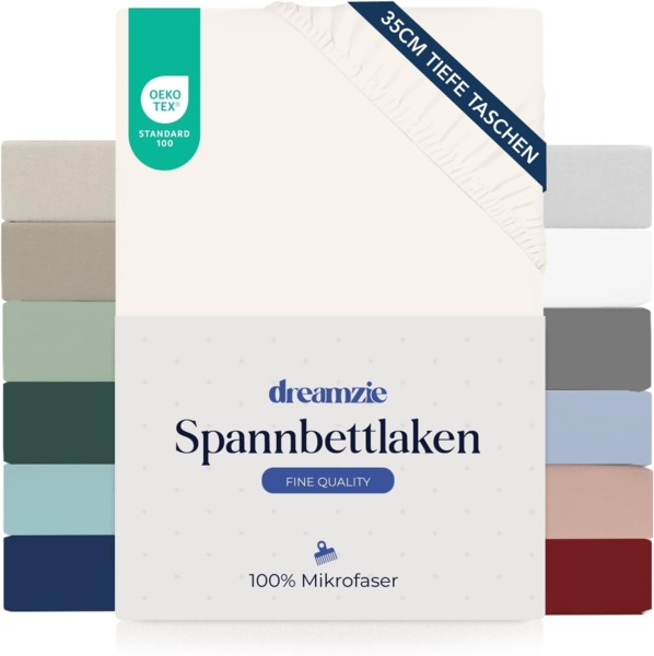 Dreamzie Spannbettlaken 120x200 cm - 35 cm Tiefe Tasche - 100% Mikrofaser Bettlaken - Elfenbein, Schadstoffgeprüft(Oeko TEX), Bettlaken mit Gummizug