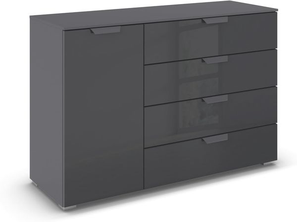 rauch Aditio Box, Kommode, 1-türig, 4 Schubladen, mit Glasfront, mit Softclose-Funktion, Farbe Grau metallic, BxHxT 120x81x42cm