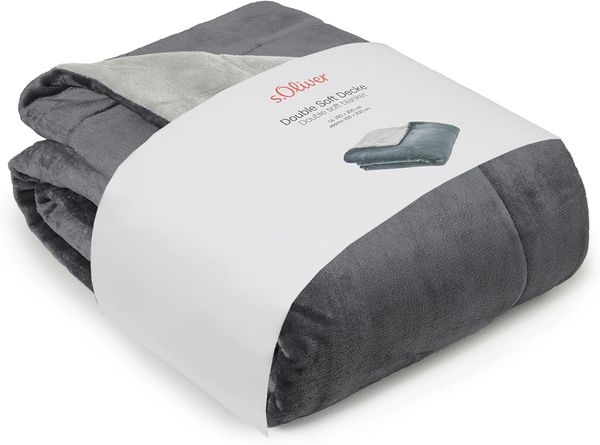 s. Oliver zweifarbige Kuscheldecke 150x200 cm - doppellagige Dicke Wendedecke grau hellgrau, leicht glänzende Flanell Decke super weicher Griff und angenehm warm