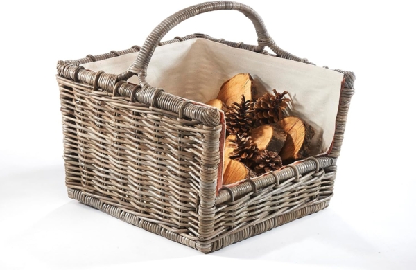 Kobolo Kaminholzkorb Holztrage Rattan grau mit abnehmbarem Leinenstoff