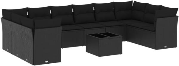 vidaXL 11-tlg. Garten-Sofagarnitur mit Kissen Schwarz Poly Rattan 3218205