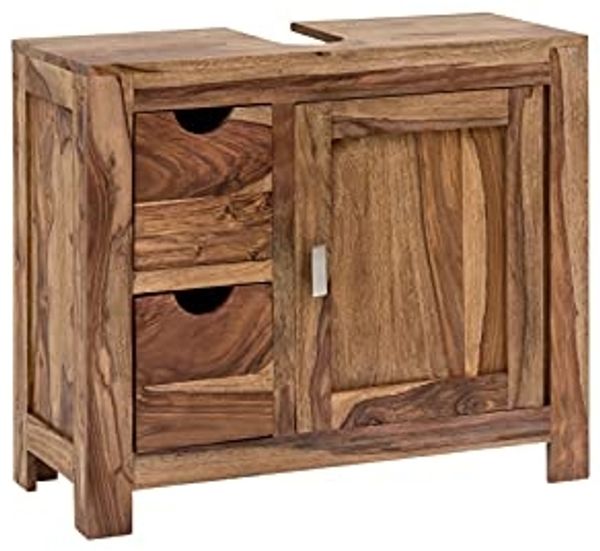 Waschbeckenunterschrank Laros Akazie Massivholz 55x60x30 cm massivum Waschtischunterschrank Badunterschrank 2 Schubladen Tür Siphon-Aussparung