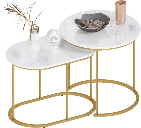 SogesHome Satztische fürs Wohnzimmer 2er Set Couchtisch Beistelltisch Sets Wohnzimmertisch Nachttisch Satztisch Pflanztisch mit Metallgestell, einfacher Aufbau