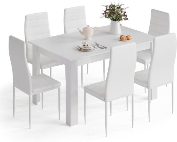 Mondeer Essgruppe Esszimmergruppe (Set, 7-tlg), Spanplatte & Lederimitat, Zweifarbig, Ergonomisch, Weiß