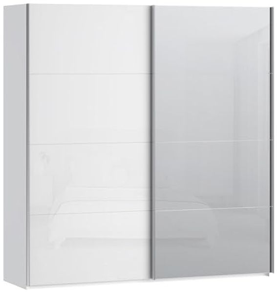 Forte SOPHISTISPACE Kleiderschrank 200, moderner Schwebetürenschrank, 2-türig, Einlegeböden, Kleiderstange, Spiegel, Holzwerkstoff, Weiß/Weiß Glanz, 200,1 cm breit x 210,5 cm hoch x 62,9 cm tief