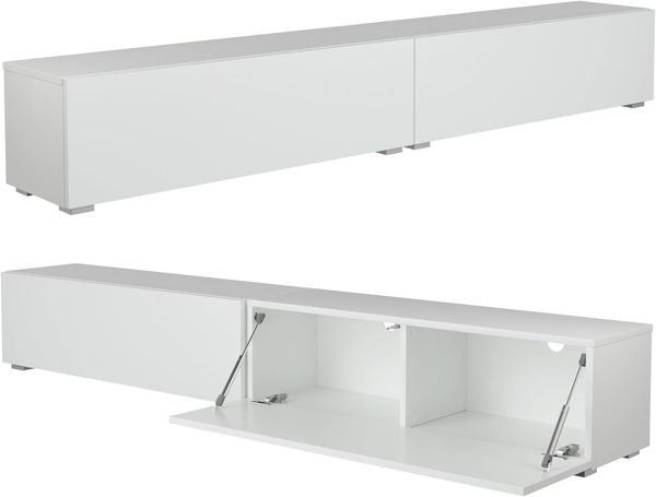 PLATAN ROOM Fernsehschrank TV-Lowboard 105/140 / 160/210 / 280 In Weiß Hängend Oder Stehend Hochglanz Matt (210 x 30 x 32, Weiß Matt/Weiß Matt)