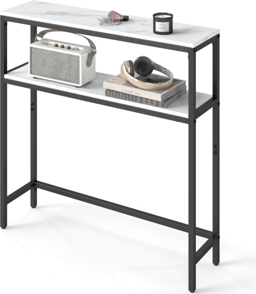 Vasagle Konsolentisch, schmaler Sofatisch mit 2 Ablagen, 20 x 80 x 80 cm, Flurtisch, 2 Ebenen, für Flur, Wohnzimmer, Schlafzimmer, marmorweiß-tintenschwarz LNTDE130W59