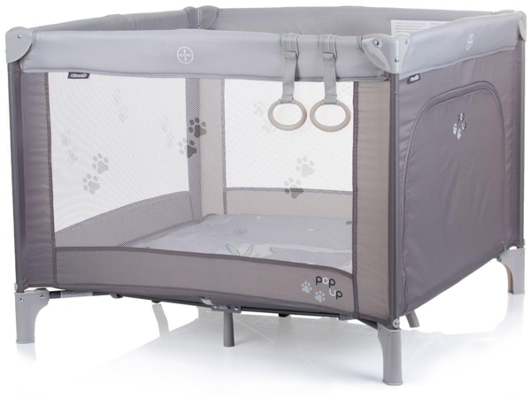 Chioplino Laufstall Pop-up Reisebett faltbar, Matratze Tragetasche Seiteneingang grau hellgrau