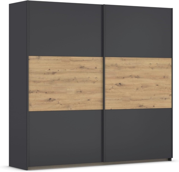 Rauch Möbel Neo, Schwebetürenschrank, Kleiderschrank, Kleiderschränke, Garderobe, Schrank mit Stauraum, 2-türig, Farbe Grau-metallic/Eiche Artisan, 218 x 210 x 59 cm