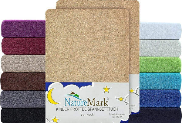 NatureMark Spannbettlaken Frottee Spannbettlaken, 80% Baumwolle / 20% Polyester, Gummizug: rundum, (2 Stück), 2er Set Kinder Spannbettlaken Frottee, Spannbetttuch 80% Baumwolle / 20% Polyester, für Babybett und Kinderbett, 70x140 cm - Sand / Beige