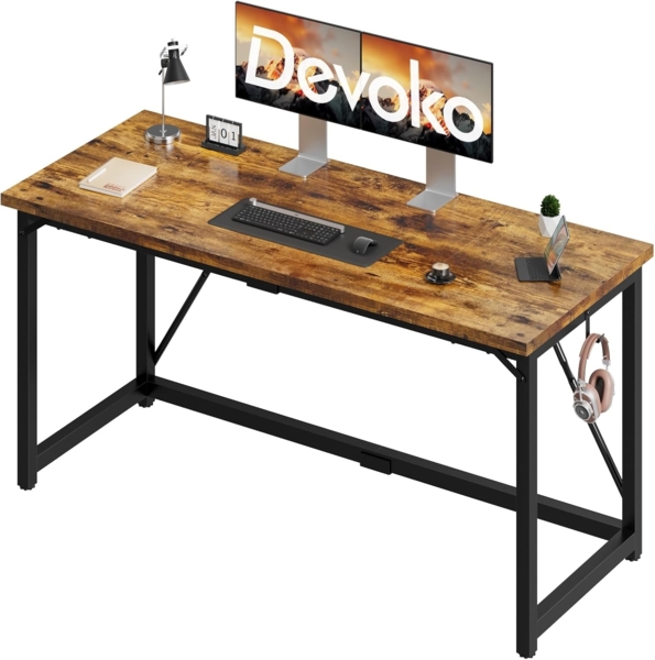 Devoko 160x50 cm Schreibtisch, Computertisch, Bürotisch für Arbeitszimmer, Schlafzimmer, Industrie-Design, Metallgestell, Vintage braun