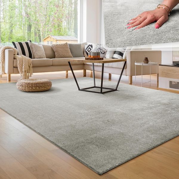 Paco Home Waschbarer Teppich Wohnzimmer Schlafzimmer Kurzflor rutschfest Flauschig Weich Moderne Einfarbige Muster, Grösse:200 cm Quadrat, Farbe:Silber