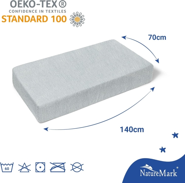 NatureMark Spannbettlaken Frottee Spannbettlaken, 80% Baumwolle / 20% Polyester, Gummizug: rundum, (2 Stück), 2er Set Kinder Spannbettlaken Frottee, Spannbetttuch 80% Baumwolle / 20% Polyester, für Babybett und Kinderbett, 70x140 cm - Silber grau Bild 4