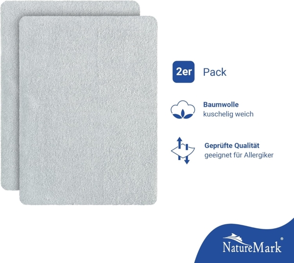 NatureMark Spannbettlaken Frottee Spannbettlaken, 80% Baumwolle / 20% Polyester, Gummizug: rundum, (2 Stück), 2er Set Kinder Spannbettlaken Frottee, Spannbetttuch 80% Baumwolle / 20% Polyester, für Babybett und Kinderbett, 70x140 cm - Silber grau Bild 2