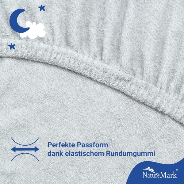 NatureMark Spannbettlaken Frottee Spannbettlaken, 80% Baumwolle / 20% Polyester, Gummizug: rundum, (2 Stück), 2er Set Kinder Spannbettlaken Frottee, Spannbetttuch 80% Baumwolle / 20% Polyester, für Babybett und Kinderbett, 70x140 cm - Silber grau Bild 3