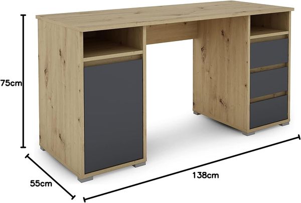 byLiving 'Lobo' Schreibtisch in Eiche-farben, mit 3 Schubladen, 1 Tür und 2 offene Fächer, Artisan Eiche/Anthrazit, 138 x 75 x 55 cm Bild 6