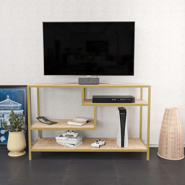 Hanah Home Glamorous TV Stand, Gold & Oak, 120 x 39 x 75 cm | 100% Melamine Coated Particle Board, 18 mm Thick, Sturdy Metal Frame | Stylish & Functional Design for Modern Living Rooms