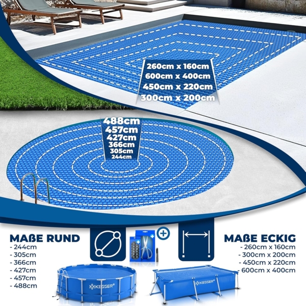 KESSER® Pool Solarfolie 400 µm | Solarplane Poolabdeckung | Solarabdeckplane flexibel zuschneidbar | Poolplane für Wassererwärmung | Solarabdeckung mit Schere, Lochzange & 12 Ösen Blau, Ø 427 cm Bild 8