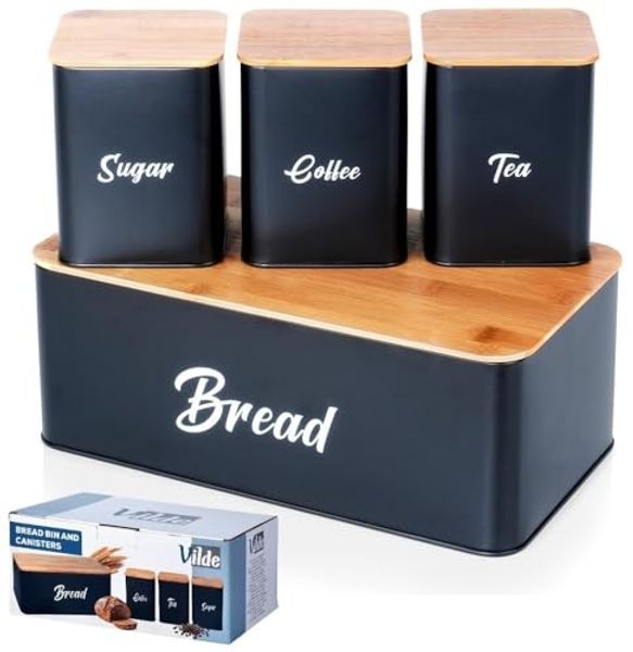 Brotkasten VILDE Set mit Behältern Metall-Bambusplatte schwarz 4-teilig