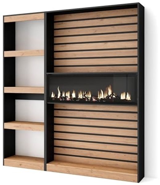 Skraut Home | Bücherregal Bibliothek | Bookshelf, Bookcase | 170 x 186 x 25 cm | Wohnzimmer, Esszimmer, Büro | Elektrokamin. Maße | Moderner Stil | Weiß und Schwarz