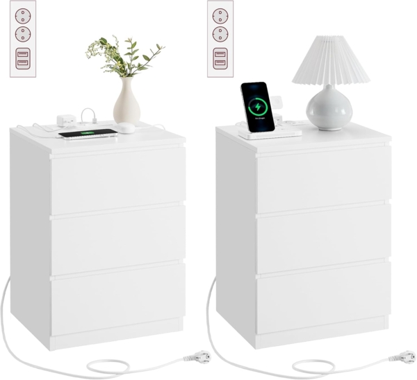 'Vasagle' Nachttisch mit 3 Schubladen (2er Set), 2 AC-Steckdosen / 2 USB-Anschlüsse, Holz wolkenweiß, 59 x 35 x 40 cm
