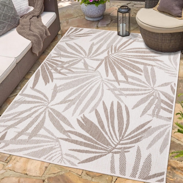 carpet city In- & Outdoor-Teppich Beige, Creme - Wendeteppich - 160x230 cm - Florales Muster - Wetterbeständig für Balkon, Terrasse - Teppiche Modern Indoor Wohnzimmer, Küche