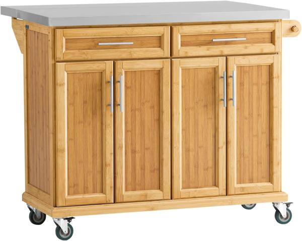 SoBuy FKW69-N Kücheninsel Küchenwagen mit erweiterbarer Edelstahlarbeitsplatte Küchenschrank Servierwagen Bambus BHT ca. : 115x92x46-71cm