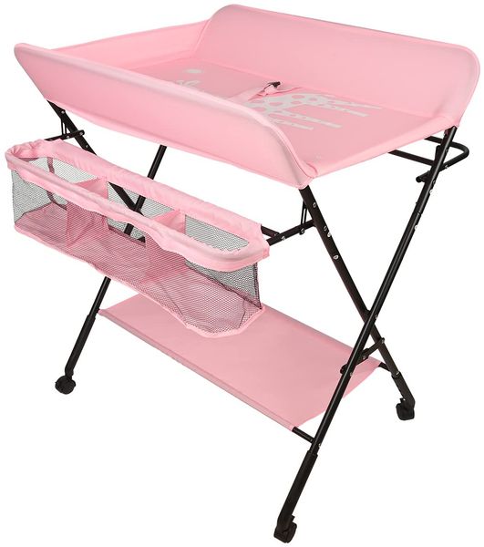 OHMG Baby Wickelkombi Klappbare Wickelkommode,Wickeltisch mit Rollen,Mobiler Wickeltisch mit Wickelauflage,Sicherheitsgurt und Ablagefächern,Wasserdicht und Höhenverstellbar,Stabil