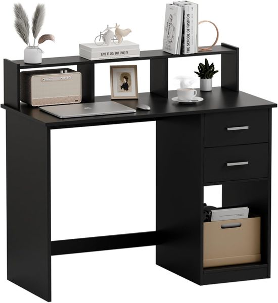 Mondeer Schreibtisch Computertisch (Schwarz), mit Aufbewahrungsschrank und 2 Schubladen, 105x94x48cm