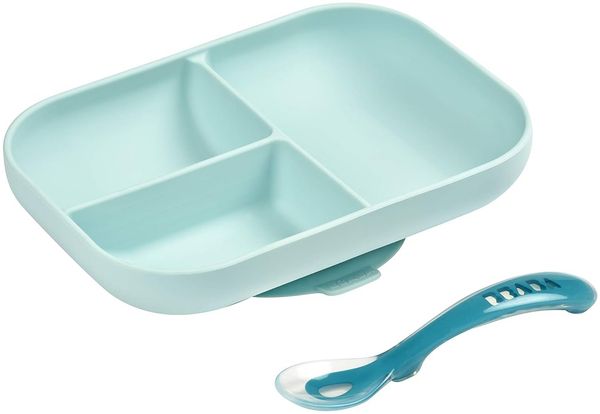 Beaba Silikon-Divided Plate mit 3 Fächern und Löffeln blau
