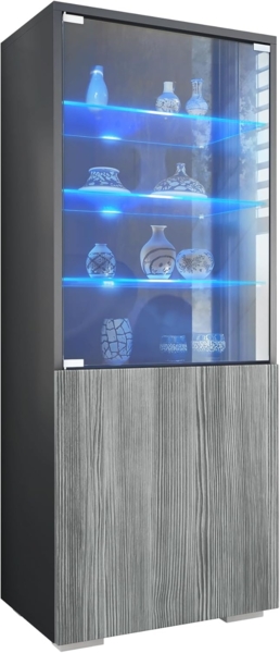 Vladon Standvitrine Granada (Vitrinenschrank, mit Glastür und Glaseinsatz inkl. LED) Anthrazit matt/Avola-Anthrazit (50 x 122,5 x 34,5 cm)