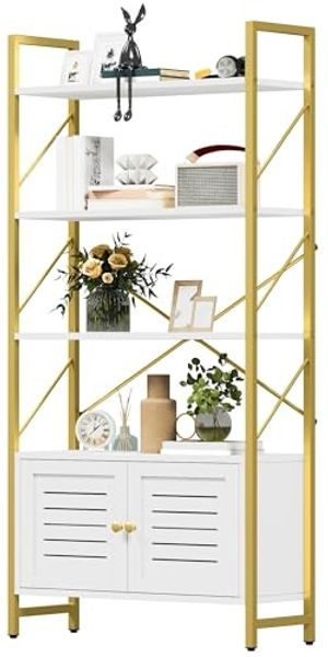 DWVO Bücherregal, Weiß & Gold, 5 Regalböden, Aufbewahrungsschrank mit Türen, modernes Bücherregal für Büro & Zuhause, kompaktes Ausstellungsregal, langlebiges Design