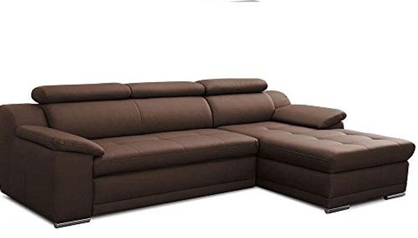 CAVADORE Schlafsofa Aniamo in Leder / Ecksofa mit Schlaffunktion, Kopfteilverstellung und großem Longchair / 270 x 80 x 165 / Kunstleder, Dunkelbraun