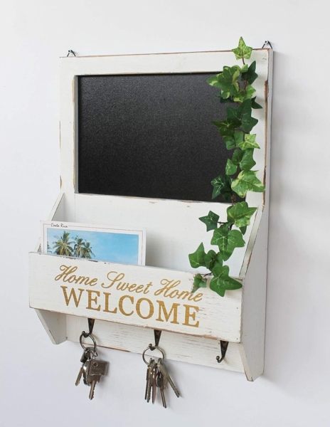 DanDiBo Wandorganizer Vintage Schlüsselbrett Holz mit Ablage 93751 Weiß 40cm Schlüsselboard Briefablage Kreidetafel Schlüsselkasten Shabby Chic Memoboard Bild 4