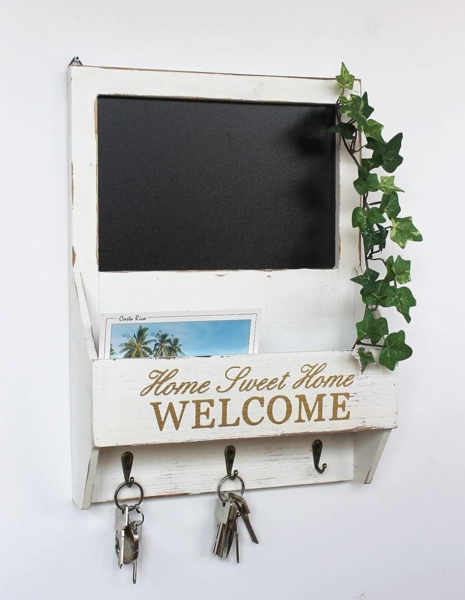 DanDiBo Wandorganizer Vintage Schlüsselbrett Holz mit Ablage 93751 Weiß 40cm Schlüsselboard Briefablage Kreidetafel Schlüsselkasten Shabby Chic Memoboard Bild 5
