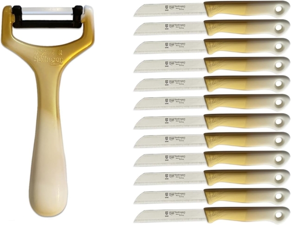 SMI Schälmesser SMI 12-tlg Solingen Schälmesser Sparschäler Gemüsemesser Obstmesser, Küchenmesser Wellenschliff - Gold-Weiß
