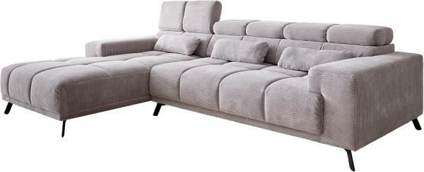 Ecksofa Ordino 285x200 Cord Silbergrau Ottomane links elektrische Sitztiefenverstellung