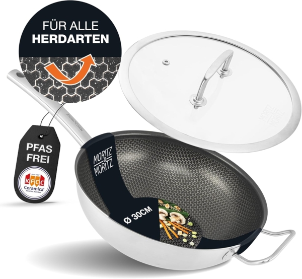 Moritz & Moritz Wok Wokpfanne 30cm mit Deckel, Edelstahl (Set), Antihaft