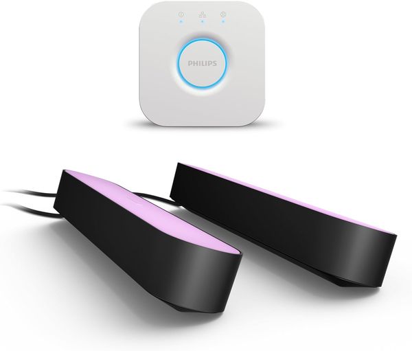 Philips Hue White & Color Ambiance Play Lightbar 2er Pack (500 lm) und Hue Bridge, dimmbare LED-Lightbar für das Hue Lichtsystem mit 16 Mio. Farben, smarte Lichtsteuerung über Sprache oder App,schwarz