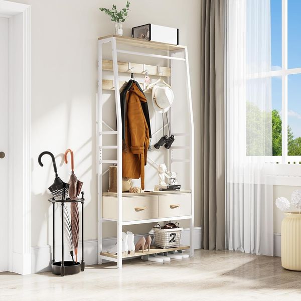 YITAHOME Garderobenständer, 6-in-1-Garderobenregal mit 2 Schubladen, Standgarderobe mit Schuhablage, Kleiderstange aus Holz und Metall mit 8 Haken, für Flur Wohnzimmer Schlafzimmer, Weiß und Eiche