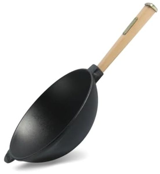 Wok Bratpfanne Ø26 cm 2,8 L aus Gusseisen mit Holzgriff Asia Wokpfanne Induktion
