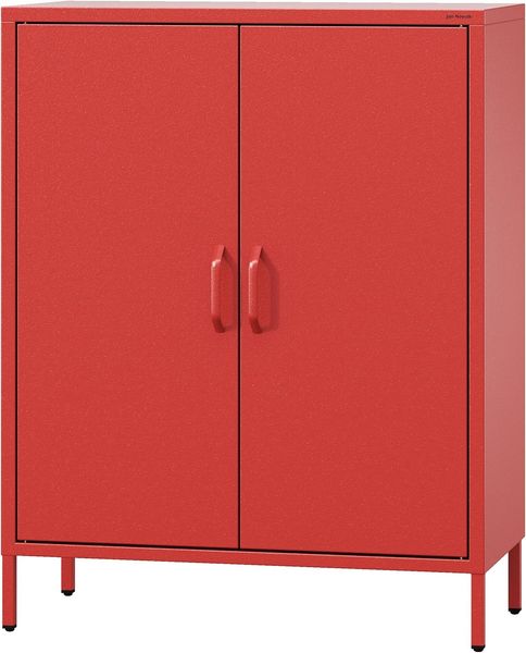 Jan Nowak Sideboard aus Metall, Kommode Glitzernd mit Doppeltür - VITO | Magnetverschluss, Verstellbare Einlegeböden | Highboard Wohnzimmer, Flur, Industriedesign | 80 x 101,5 x 40 cm | Rot